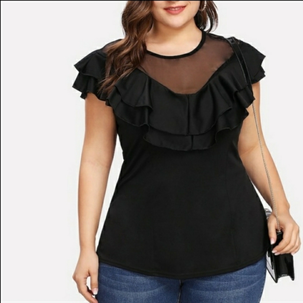 #10206-5 Women’s Plus Mesh Panel Tiered Trim Tee,size 3XL,Black